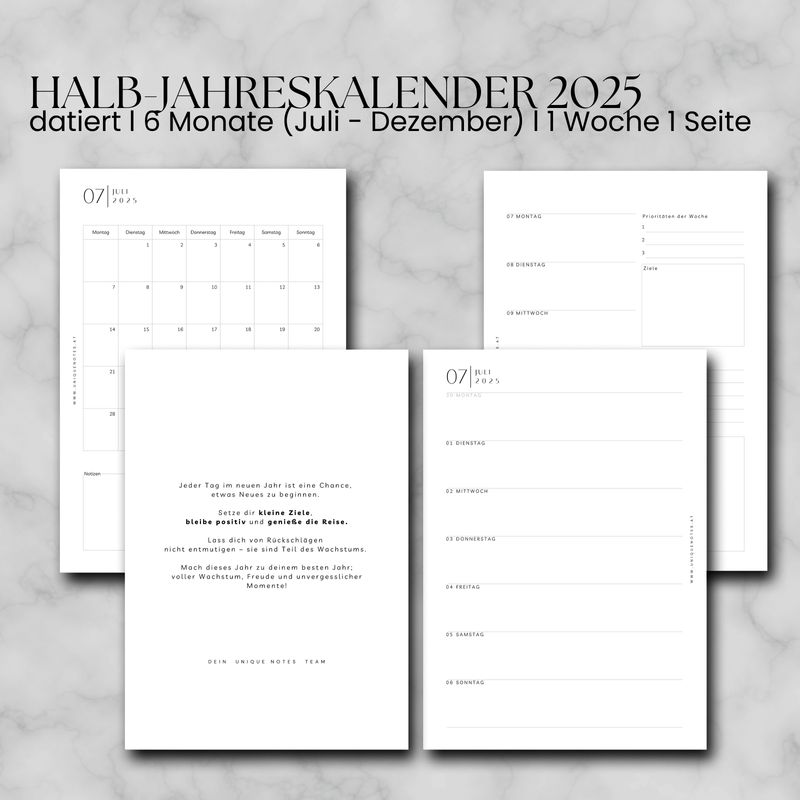 2025 datierter Halb-Jahreskalender Juli - Dezember 2025 l 1 Woche 1 Seite A5
