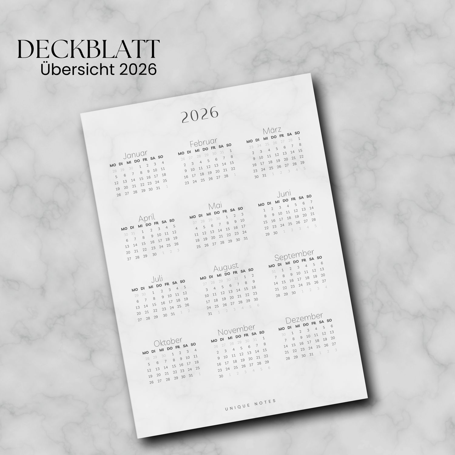 Deckblatt &quot;Jahresübersicht 2026&quot; l Kalendereinlage A5