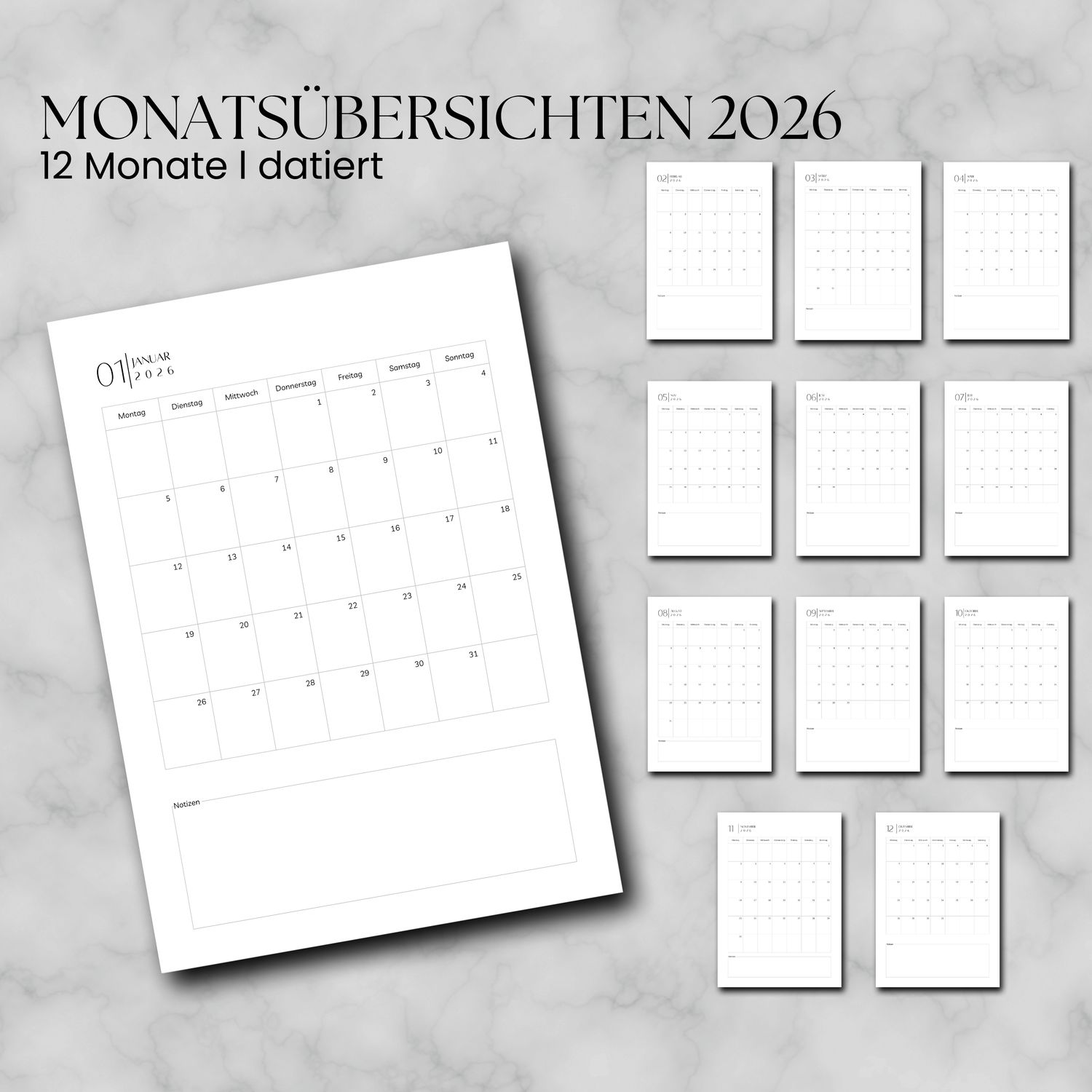 12 Monats Übersichten l 2026 l (datiert) Kalendereinlagen A5