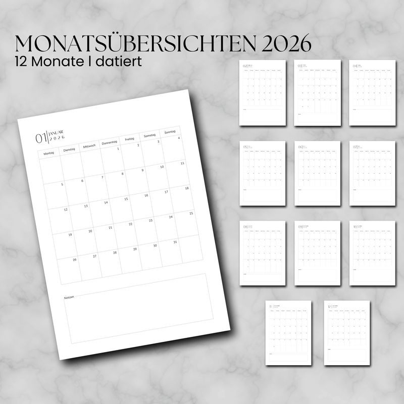 12 Monats Übersichten l 2026 l (datiert) Kalendereinlagen A5