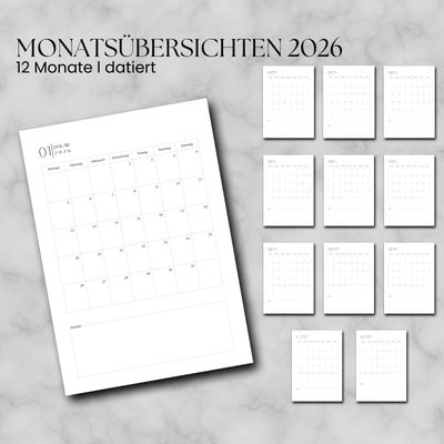 12 Monats Übersichten l 2026 l (datiert) Kalendereinlagen