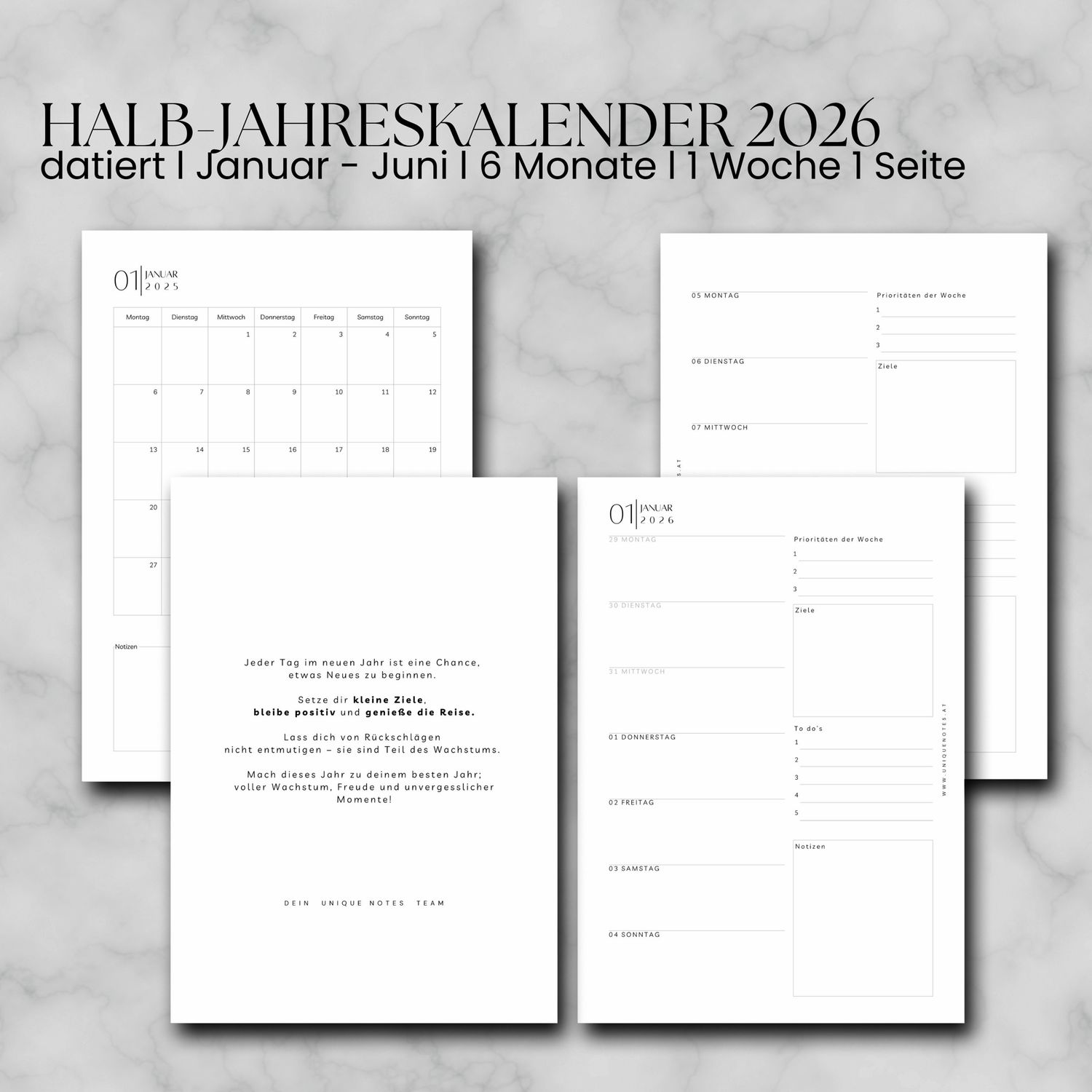 2026 datierter Halb-Jahreskalender l Juli - Dezember 2026 l 1 Woche 1 Seite