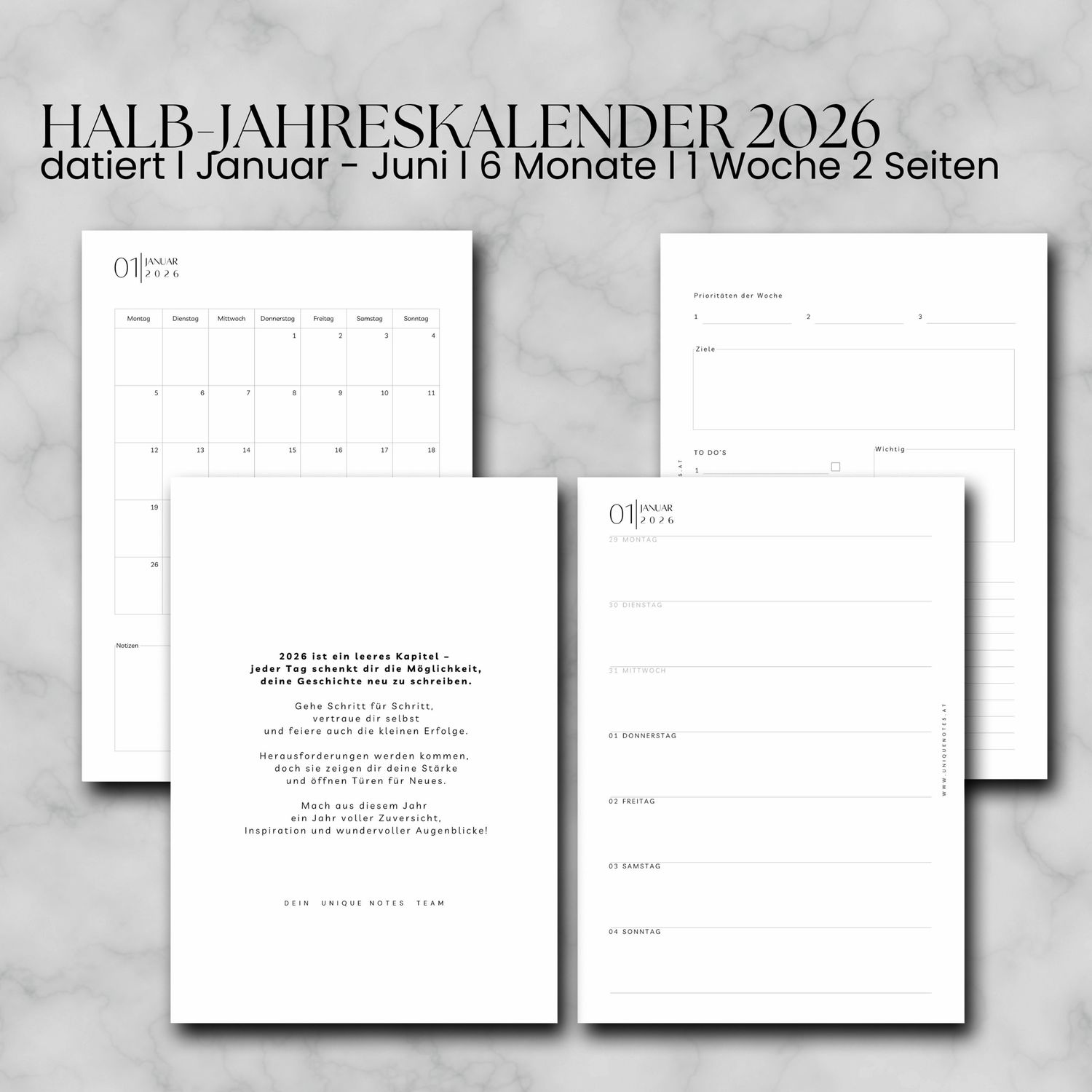 2026 datierter Halb-Jahreskalender l Juli - Dezember l 1 Woche 2 Seiten