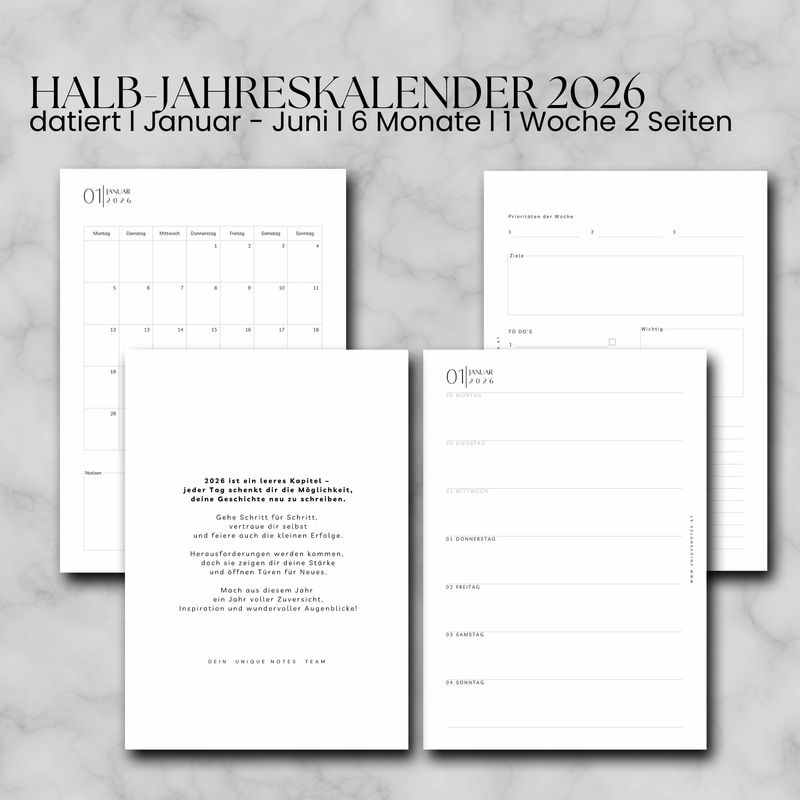 2026 datierter Halb-Jahreskalender l Juli - Dezember l 1 Woche 2 Seiten