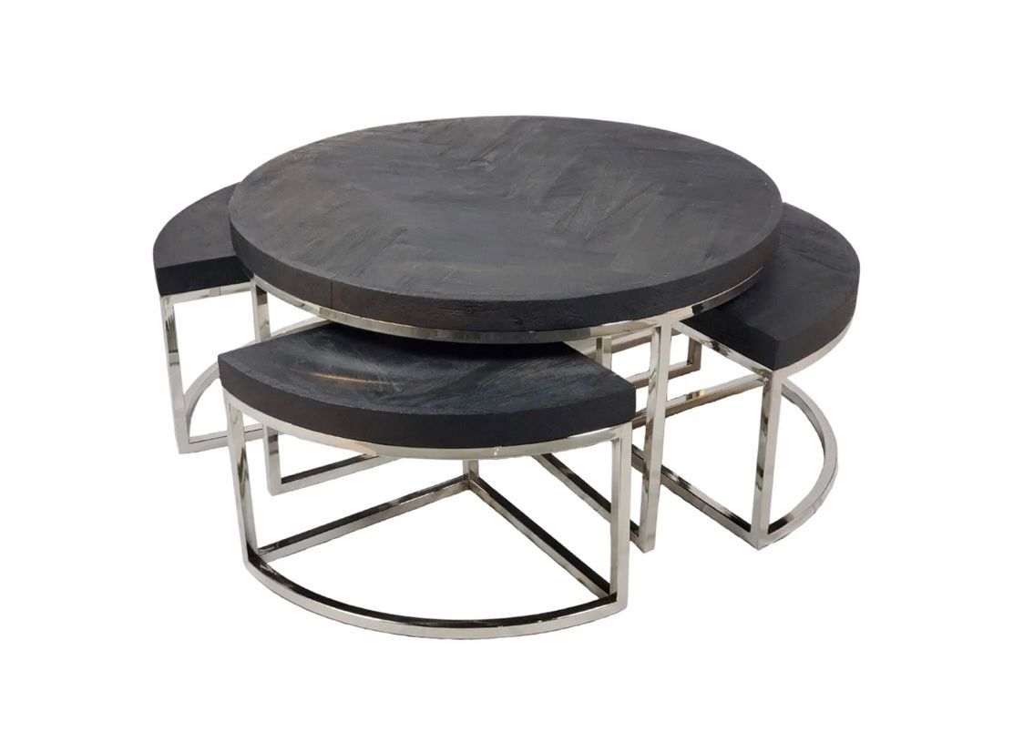 Salontafel Set Daisy, zwart visgraat houten blad. Frame goud of Zilver