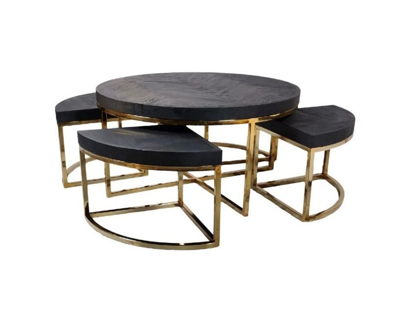 Salontafel Set Daisy, zwart visgraat houten blad. Frame goud of Zilver