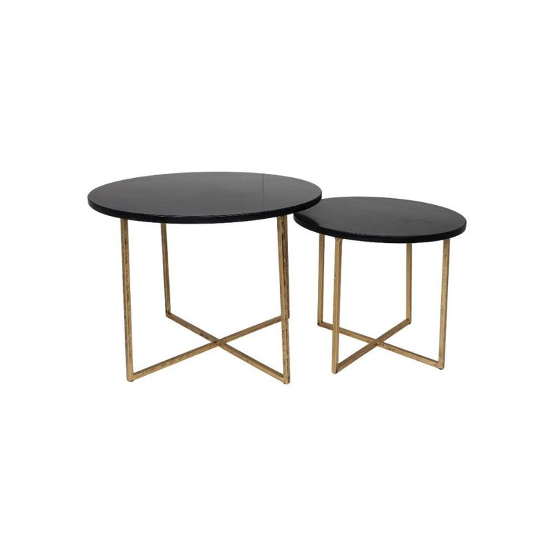 HSM Collection-Ronde Bijzettafel S/2-ø61x45/ø46x39-Zwart/Goud-Marmer/Metaal