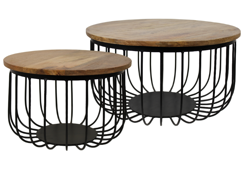 HSM Collection-Ronde Bijzettafel Maden S/2-ø60x33 / ø45x30-Naturel/Zwart-Mango/Metaal