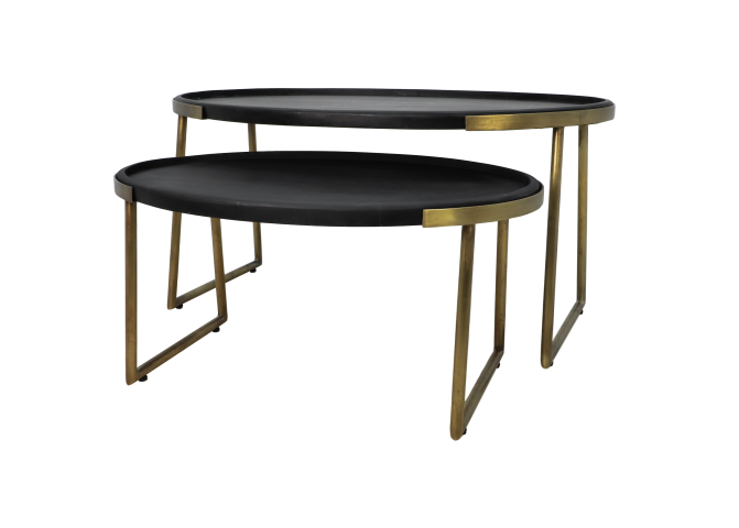 HSM Collection-Ovale Salontafel Paulson S/2-90x60x45/70x50x35-Zwart/Goud-Mango/Metaal