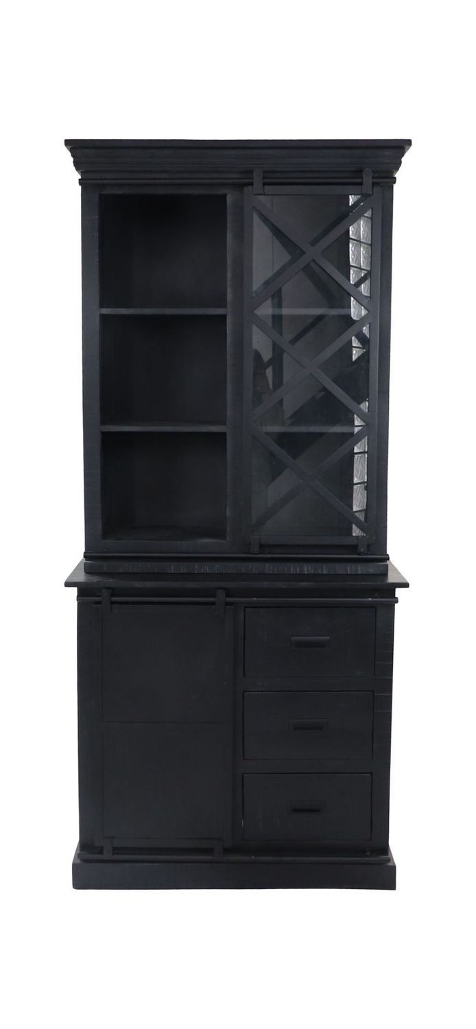 HSM Collection-Vitrinekast Melbourne 2 Deur 3La-95x45x195-Zwart-Mango/Metaal