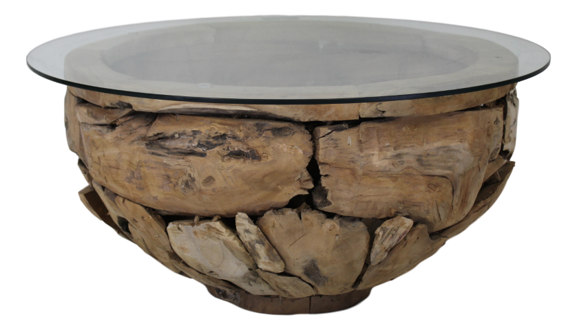 HSM Collection-Ronde Salontafel Root-ø80x45 (glas ø90)-Bruin-Teak/Glas