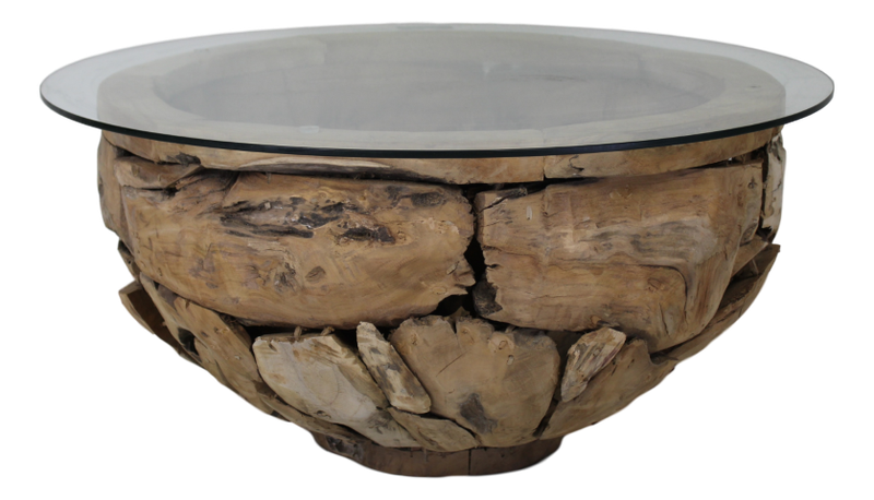 HSM Collection-Ronde Salontafel Root-ø80x45 (glas ø90)-Bruin-Teak/Glas