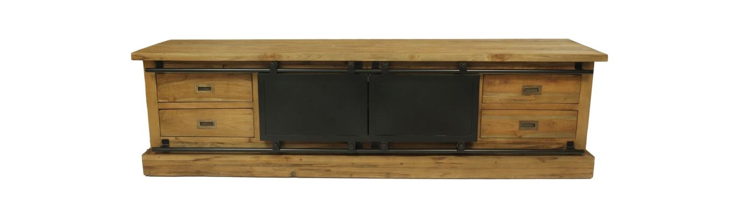 HSM Collection-Tv Meubel Blackburn 2 Deur 2 La-200x40x57-Naturel/Zwart-Teak/Metaal