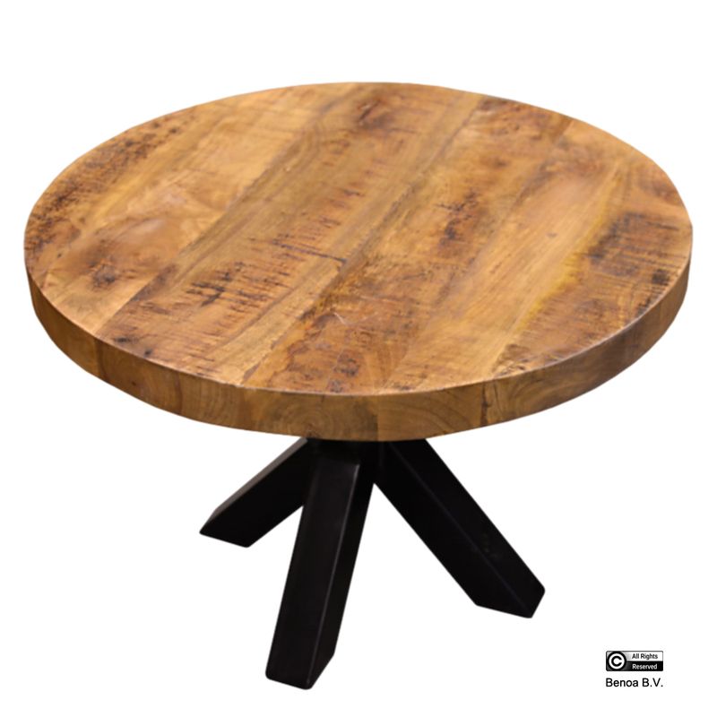 Ronde mangohouten salontafel massief blad inclusief spinpoot.