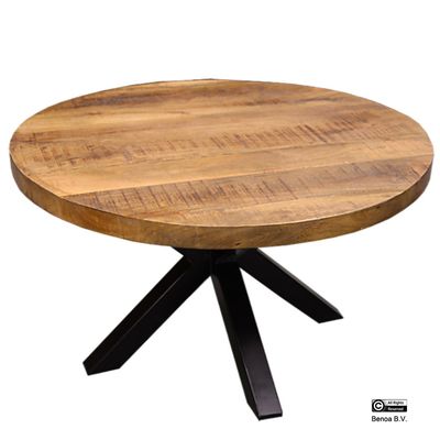 Ronde mangohouten salontafel  massief blad inclusief spinpoot.