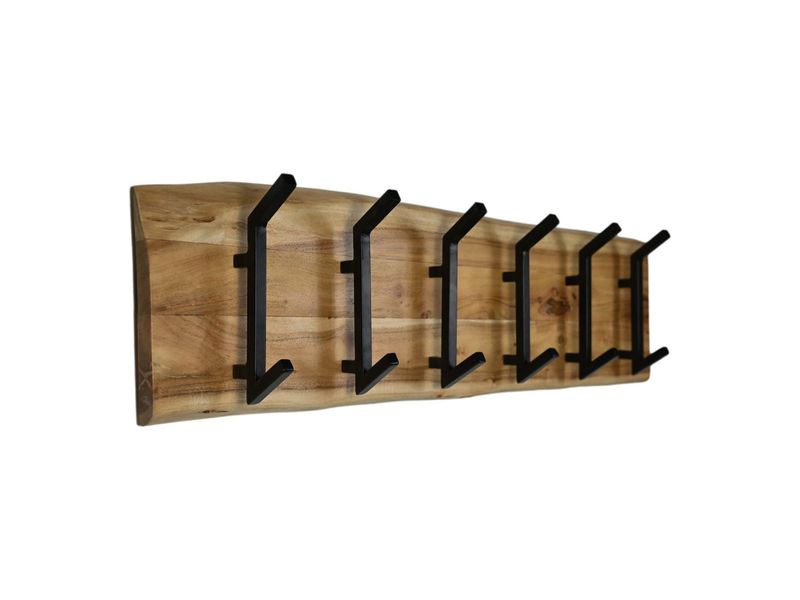 HSM Collection-Wandkapstok 6 Haken-100x10x25-Naturel/Zwart-Acacia/Metaal