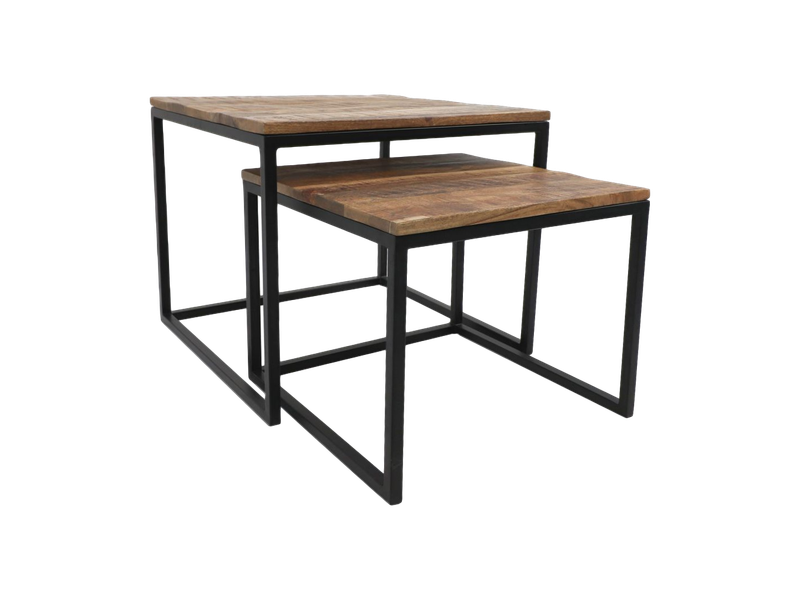 HSM Collection-Vierkante Salontafel Edgar S/2-60x60x50/50x50x40-Naturel/Zwart-Mango/Metaal