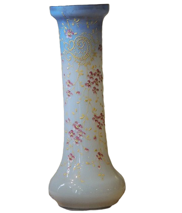 Wit blauw glazenvaas met emaille versieringen