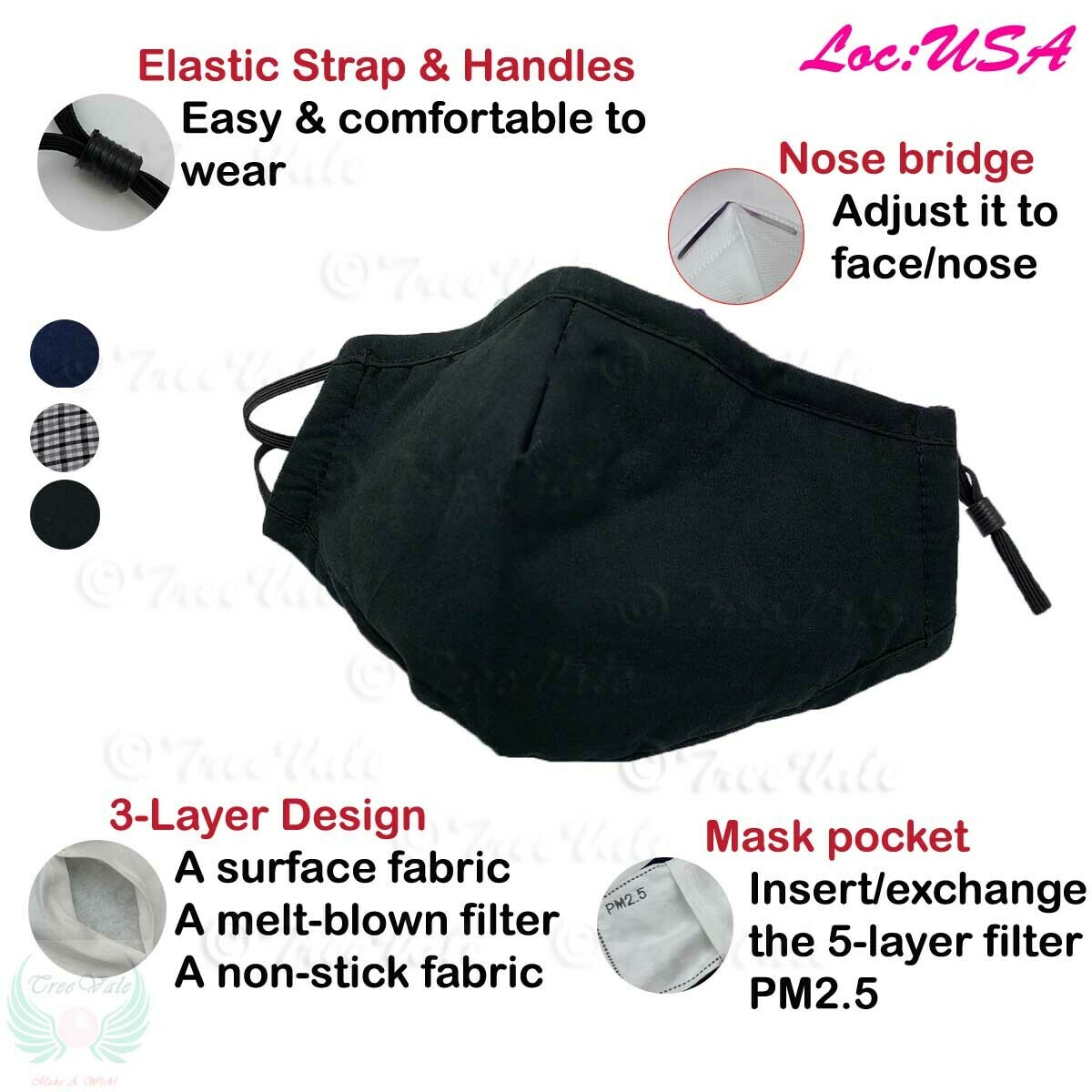 Adult Reusable Face Mask Washable Handmade + 2 filters USA Stock, Color: Black