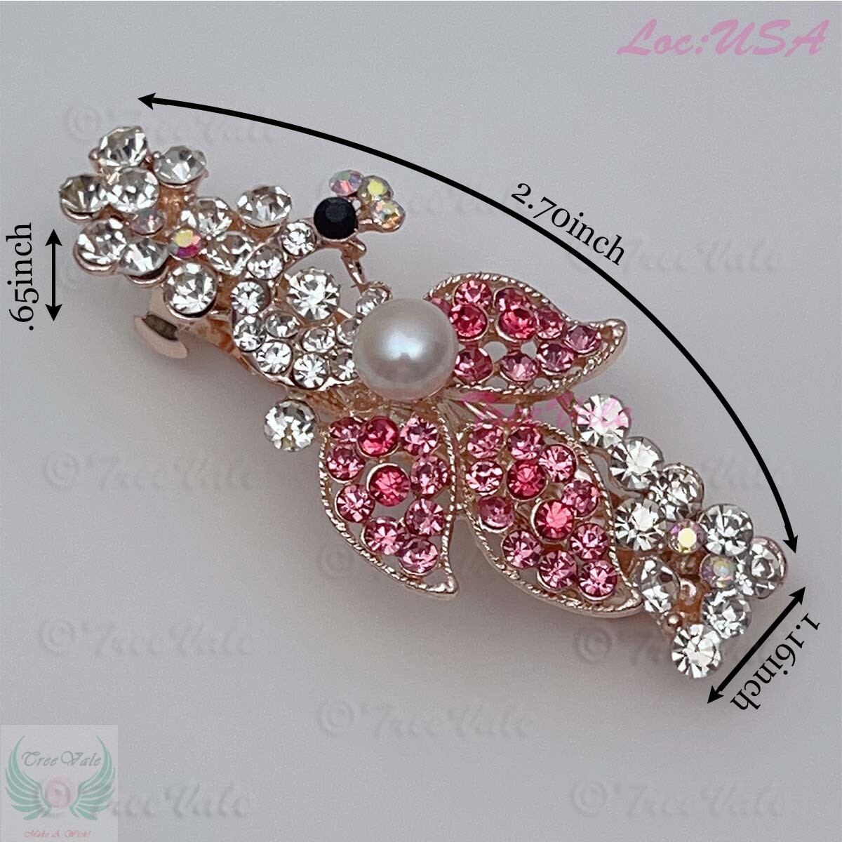 Barrette Hair Clip - Snow On Trees, Crystals, Pearl, 3-Leaf