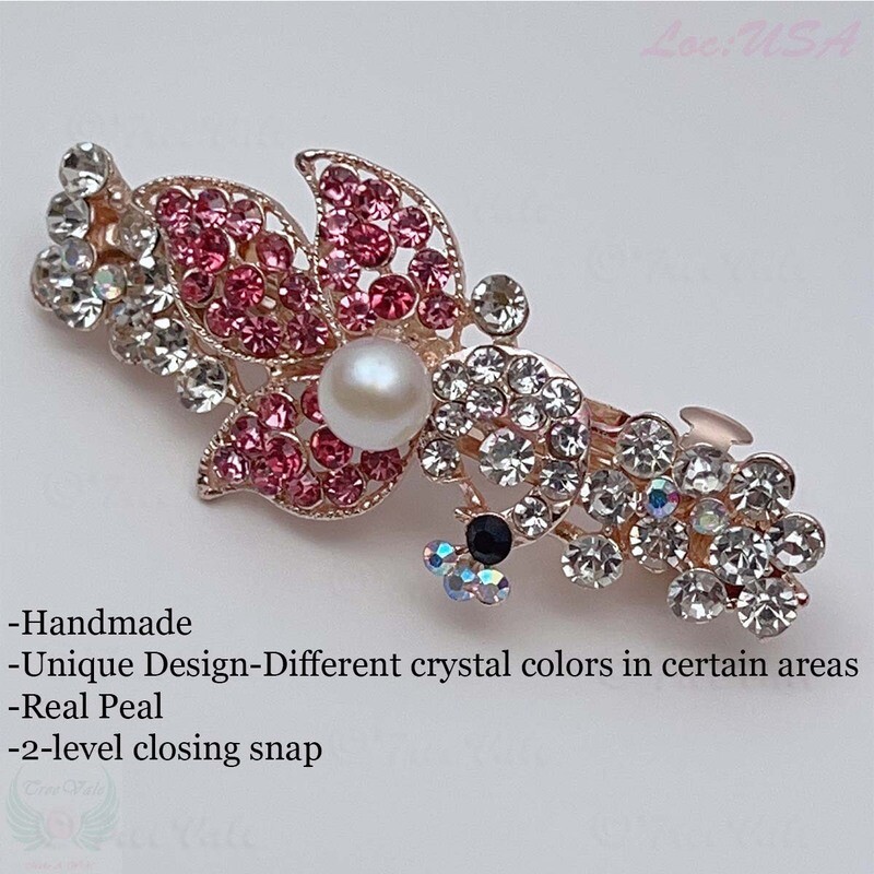 Barrette Hair Clip - Snow On Trees, Crystals, Pearl, 3-Leaf
