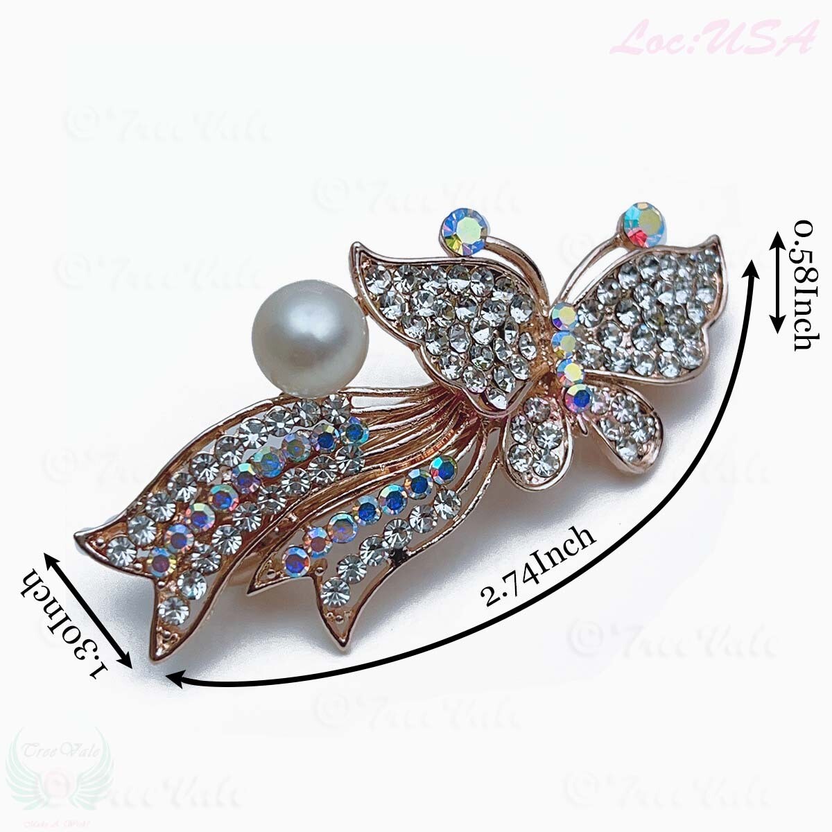 Barrette Hair Clip - Crystals, Pearl, Flying Butterfly