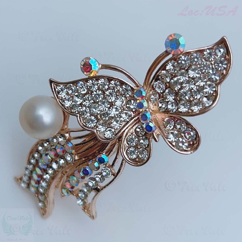 Barrette Hair Clip - Crystals, Pearl, Flying Butterfly