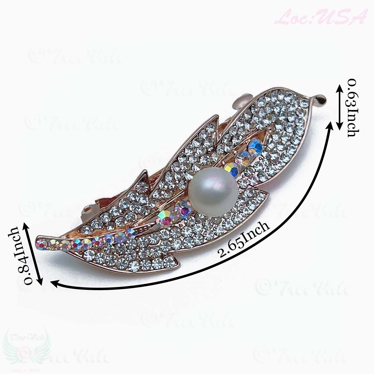 Barrette Hair Clip - Snow On Trees, Crystals, Pearl, Leaf