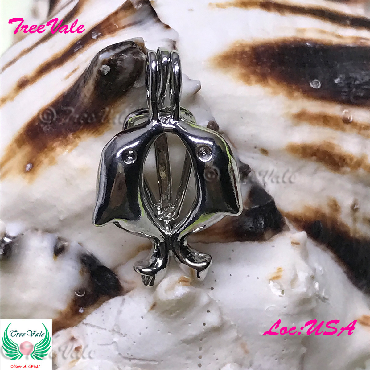 Set of Dolphins - Silver Plated - Locket Pearl Cage Pendant - Hold 6mm - 7mm Pearl