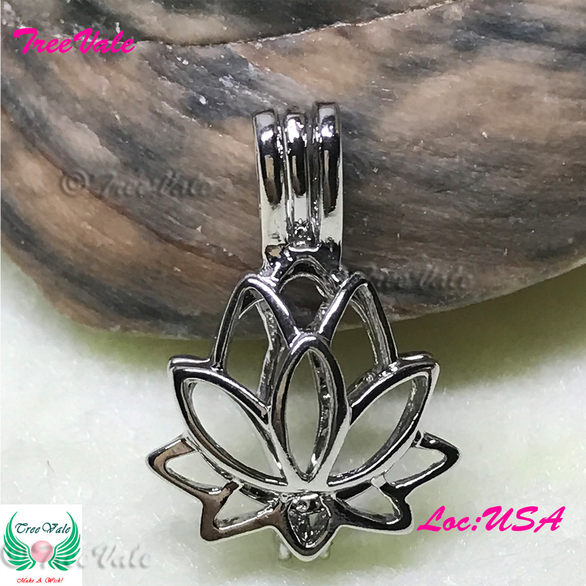 Lotus Flower I - Silver Plated - Locket Pearl Cage Pendant - Hold 6mm - 7mm Pearl