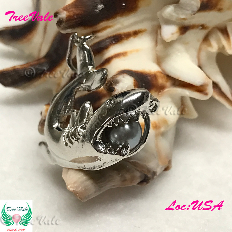 Shark - Silver Plated - Locket Pearl Cage Pendant - Hold 7mm - 8mm Pearl