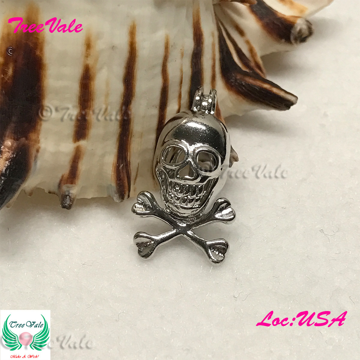 Pirate Skull Crossbones - Silver Plated - Locket Pearl Cage Pendant - Hold 5mm - 8mm Pearl