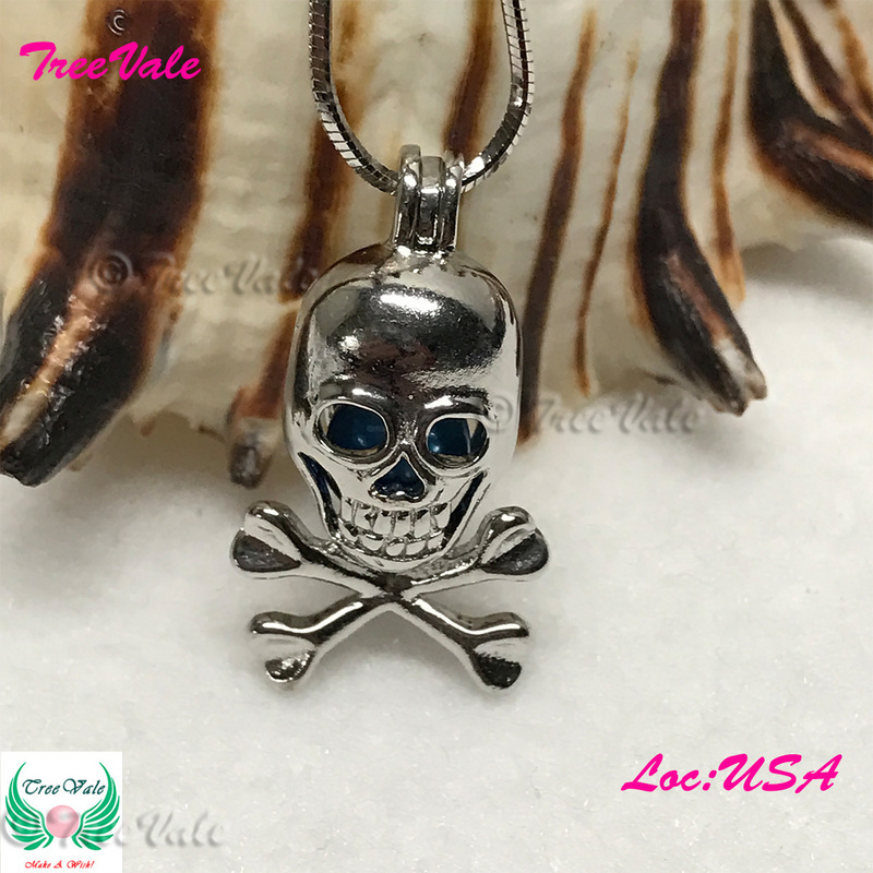 Pirate Skull Crossbones - Silver Plated - Locket Pearl Cage Pendant - Hold 5mm - 8mm Pearl