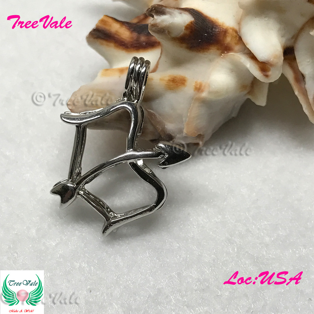 Hunting Bow Sagittarius - Silver Plated - Locket Pearl Cage Pendant - Hold 5mm Pearl