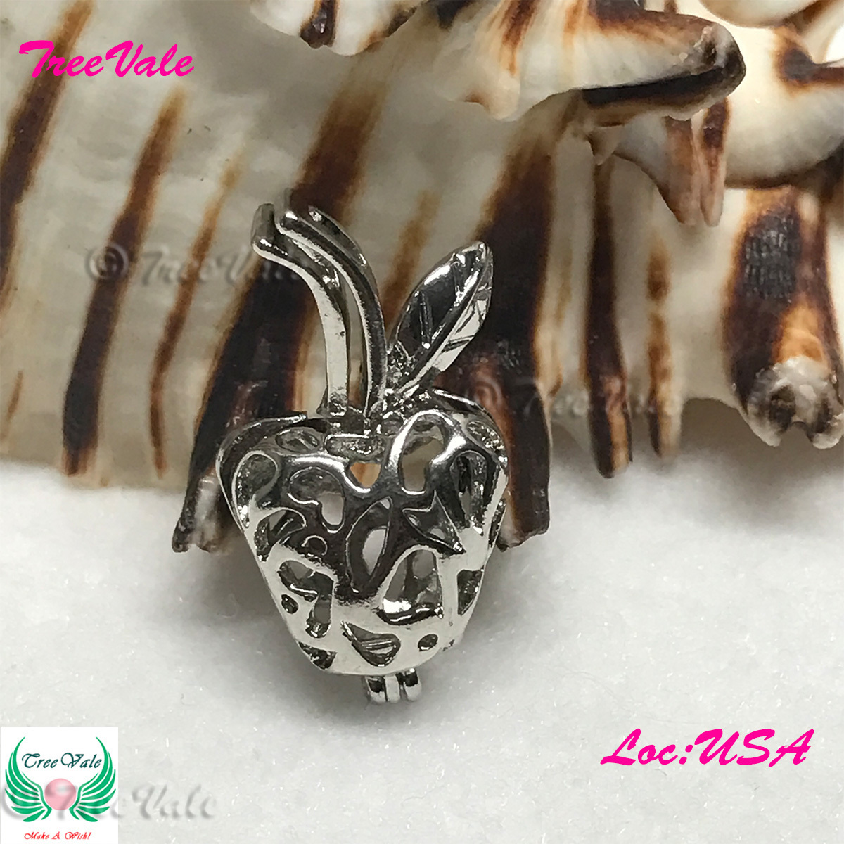 Leaf and Apple - Silver Plated - Locket Pearl Cage Pendant - Hold 5mm - 10mm Pearl