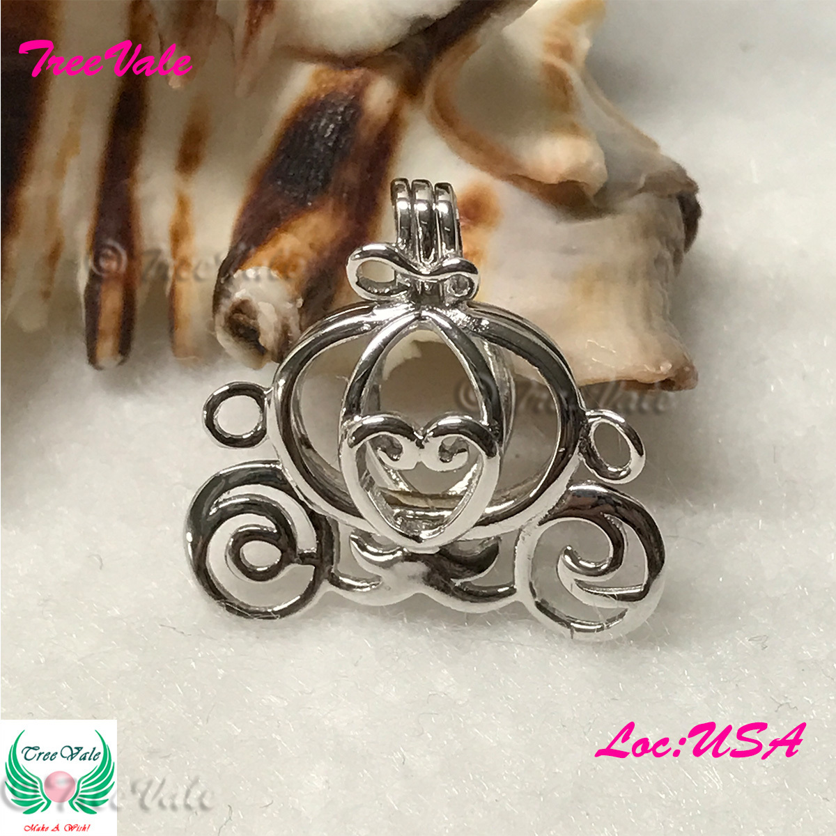 Enchanted Princess Cinderella Carriage - Solid 925 Sterling Silver - Locket Pearl Cage Pendant - Hold 6mm-9mm Pearl
