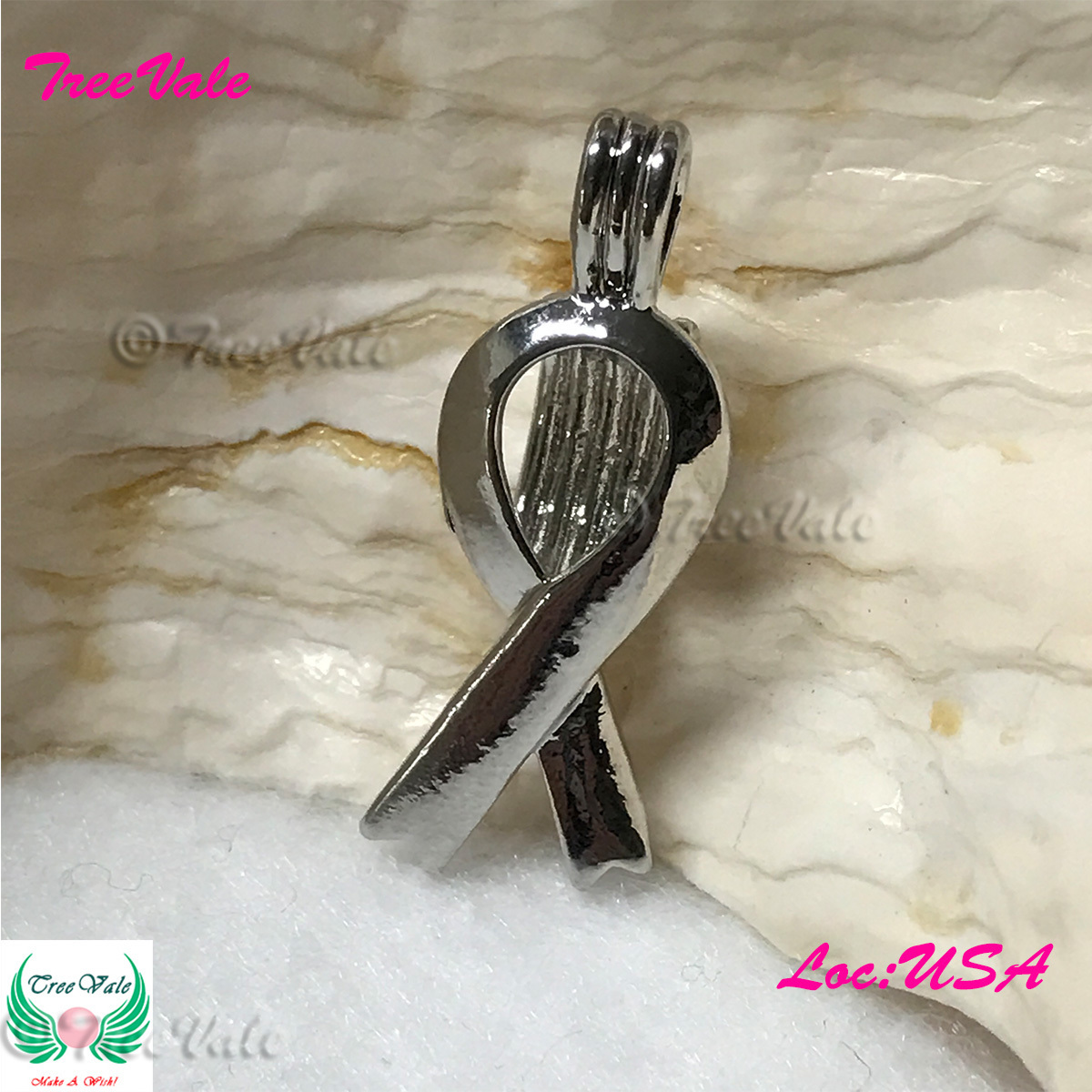 Awareness Ribbon  - Silver Plated - Locket Pearl Cage Pendant - Hold 7mm - 10mm Pearl