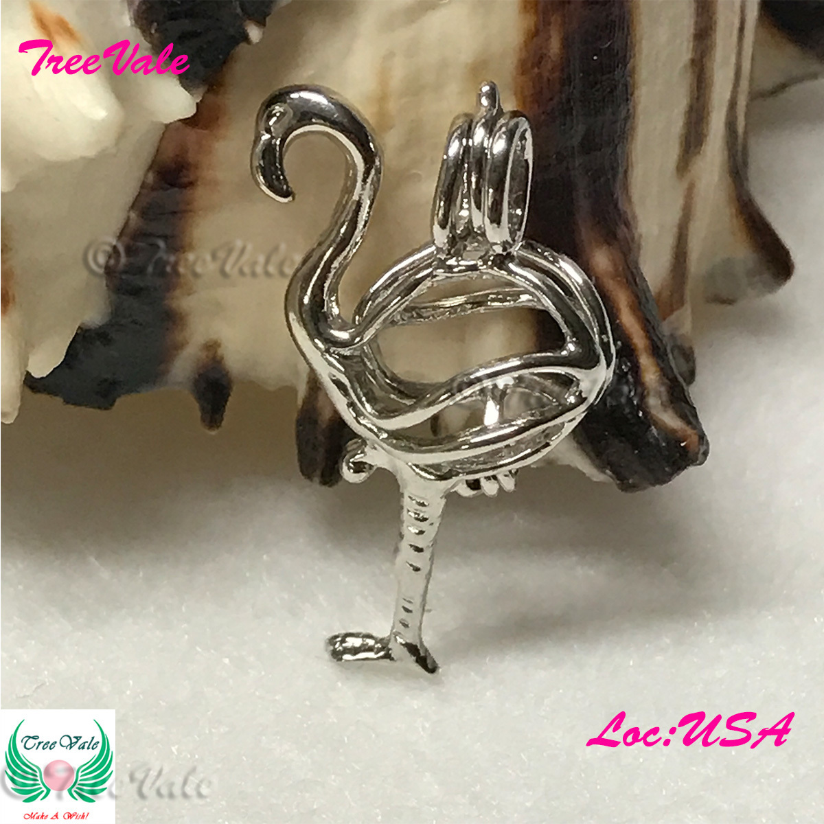 Flamboyant Flamingo - Silver Plated - Locket Pearl Cage Pendant - Hold 6mm - 7mm Pearl