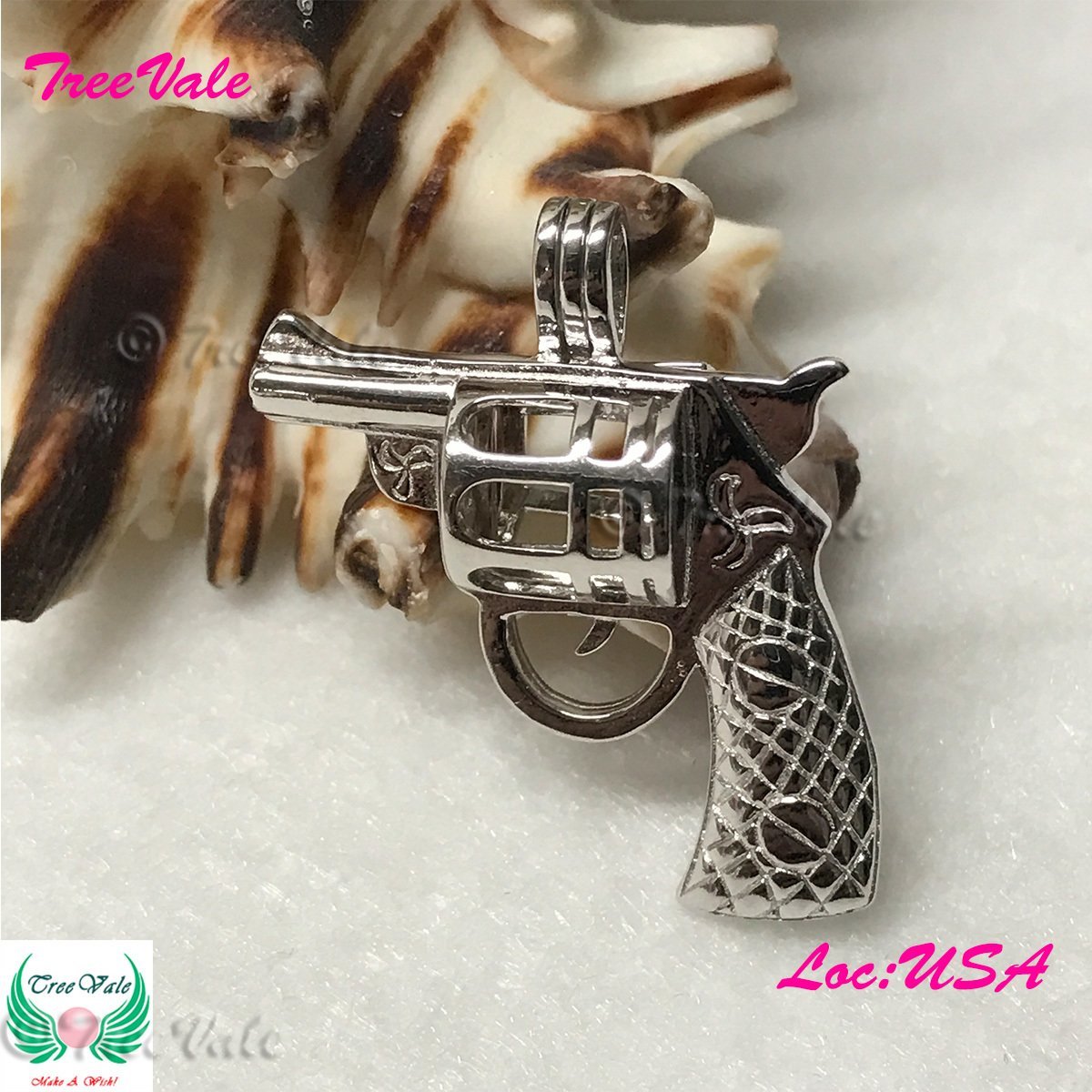 Revolver Pistol Gun - Solid 925 Sterling Silver - Locket Pearl Cage Pendant - Hold 6mm - 8mm Pearl