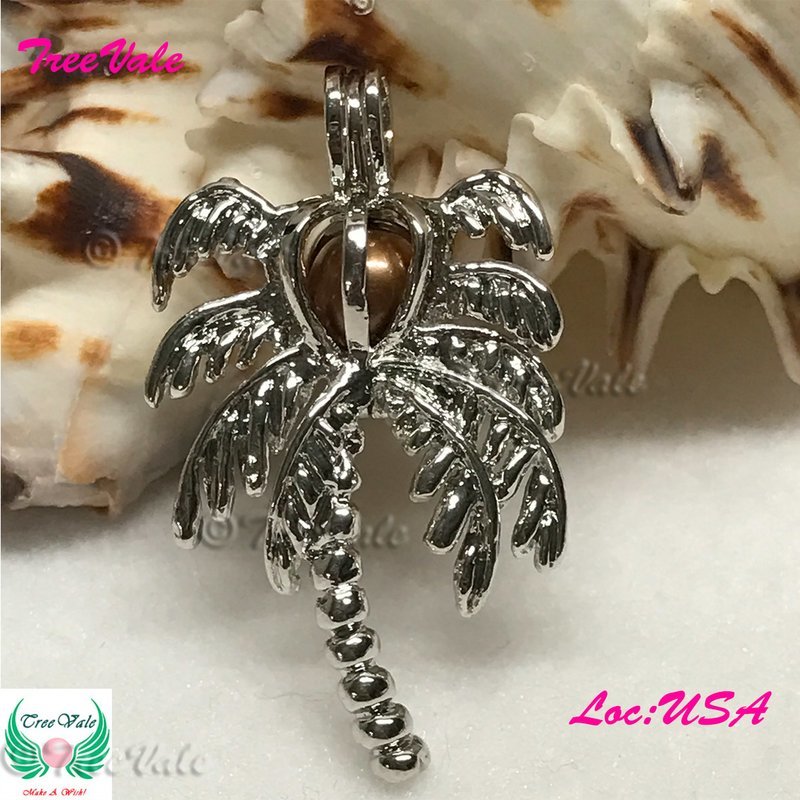 Palm Tree - Silver Plated - Locket Pearl Cage Pendant - Hold 6mm - 8mm Pearl
