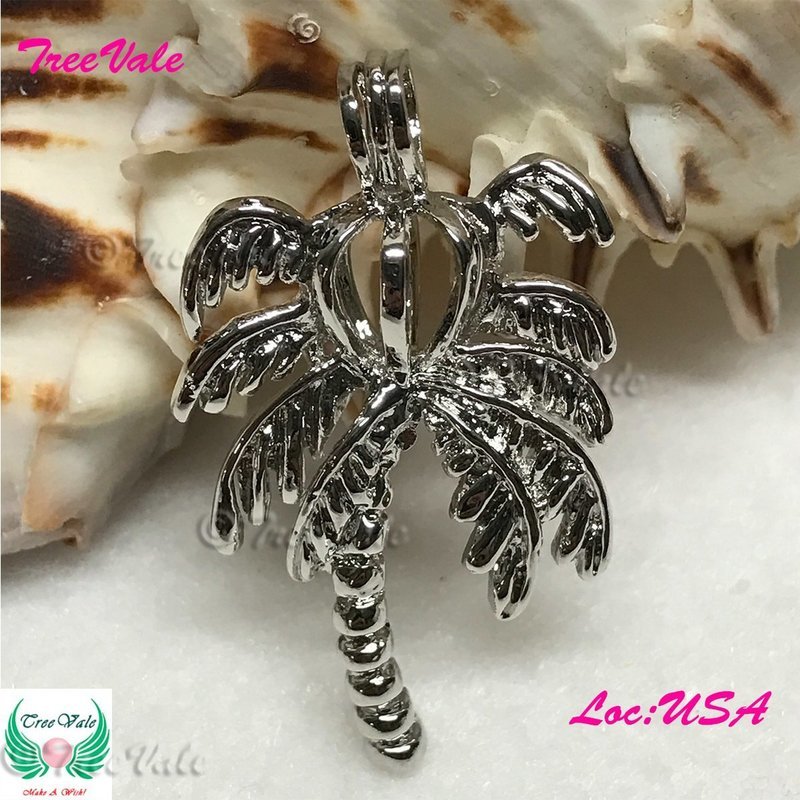 Palm Tree - Silver Plated - Locket Pearl Cage Pendant - Hold 6mm - 8mm Pearl