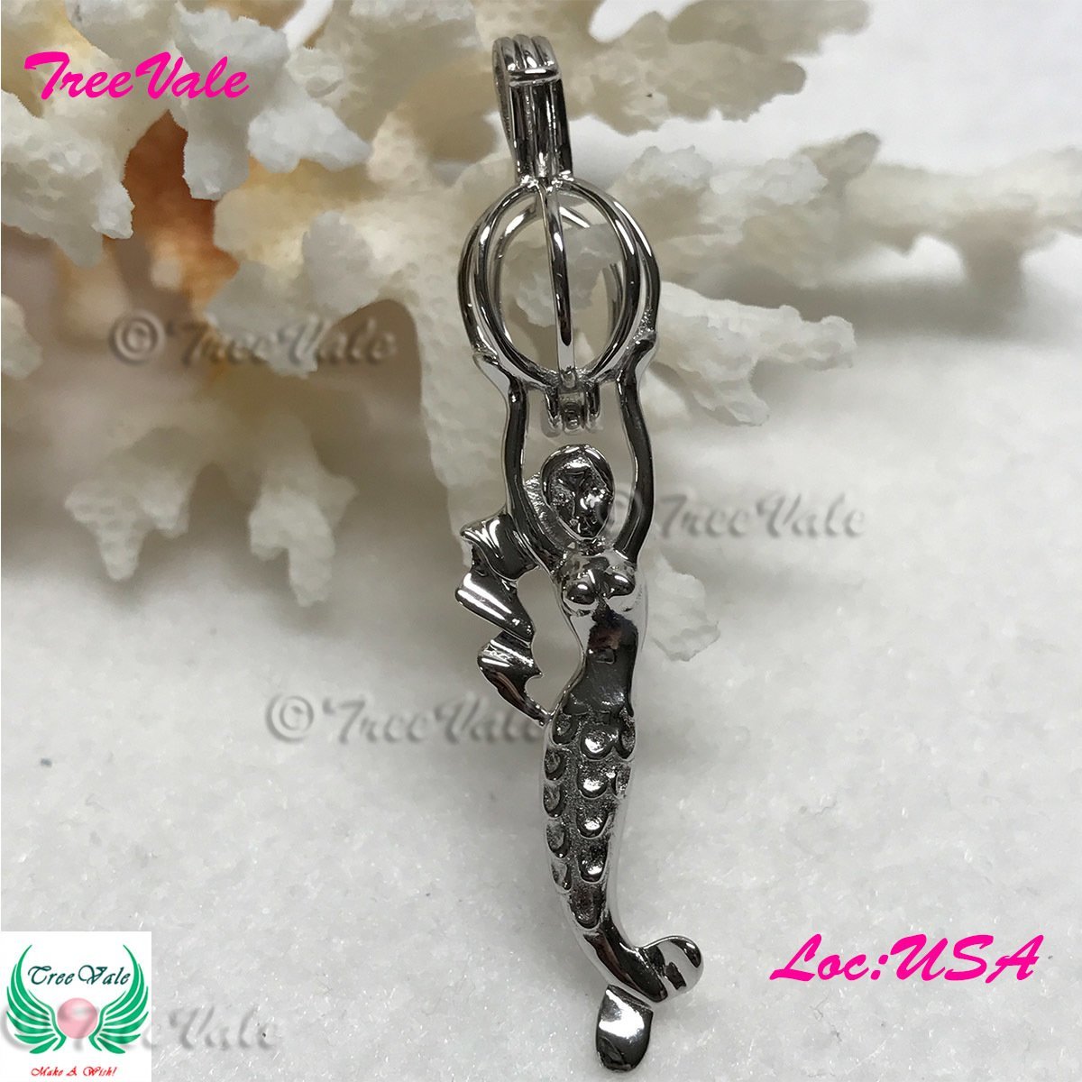 Little Mermaid - Solid 925 Sterling Silver - Locket Pearl Cage Pendant - Hold 6mm-8mm Pearl
