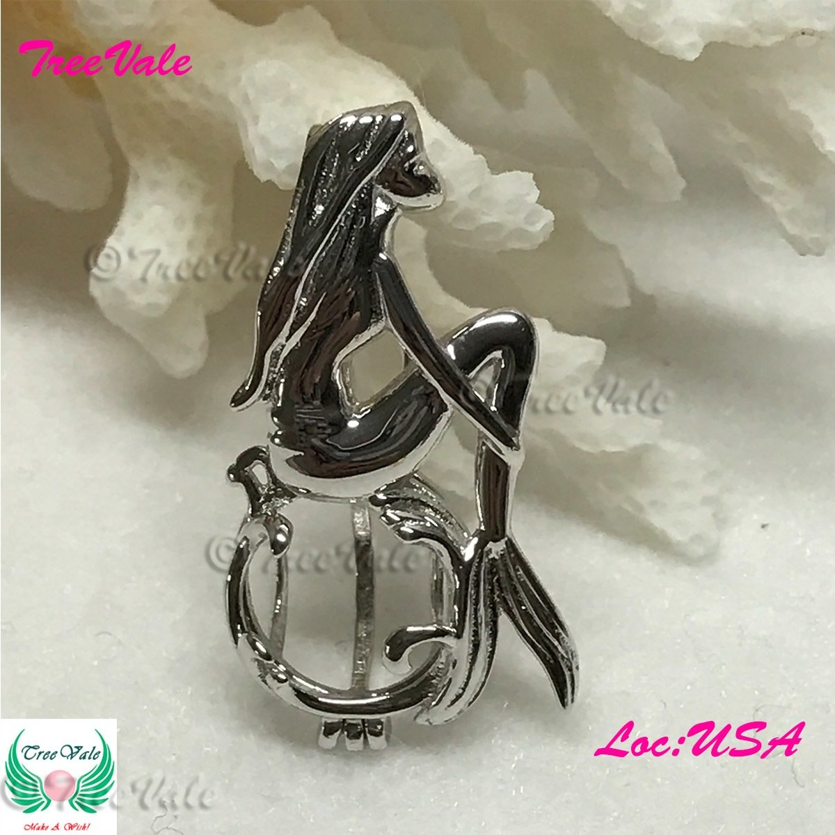 Sunset Mermaid - Solid 925 Sterling Silver - Locket Pearl Cage Pendant - Hold 6mm-8mm Pearl