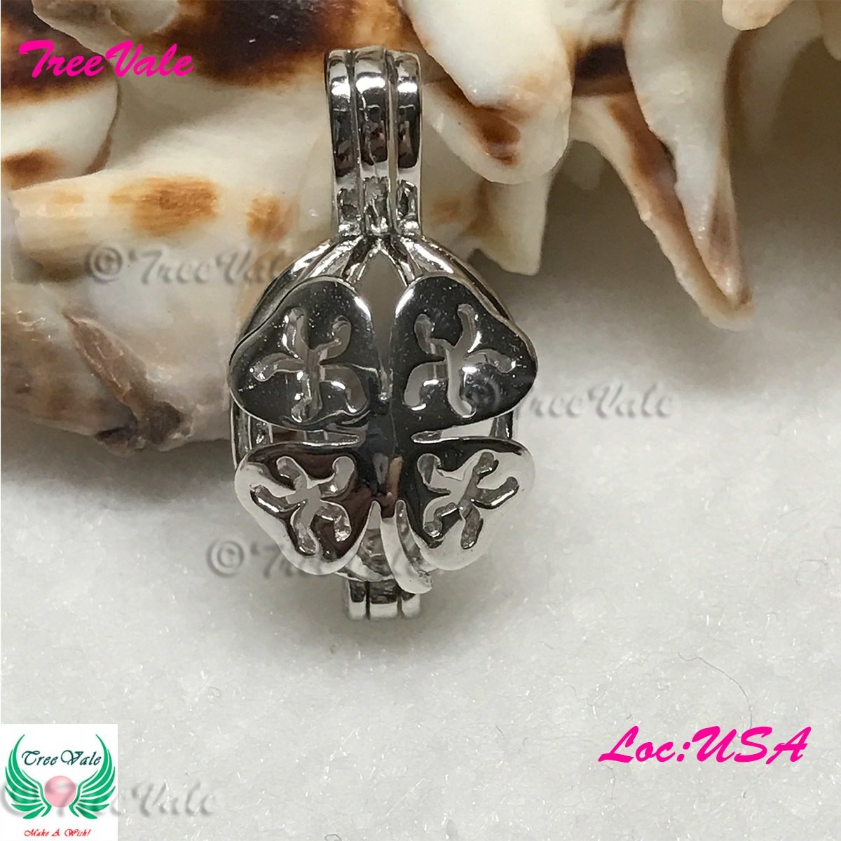 4-leaf Clover - Solid 925 Sterling Silver - Locket Pearl Cage Pendant - Hold 6mm-9mm Pearl