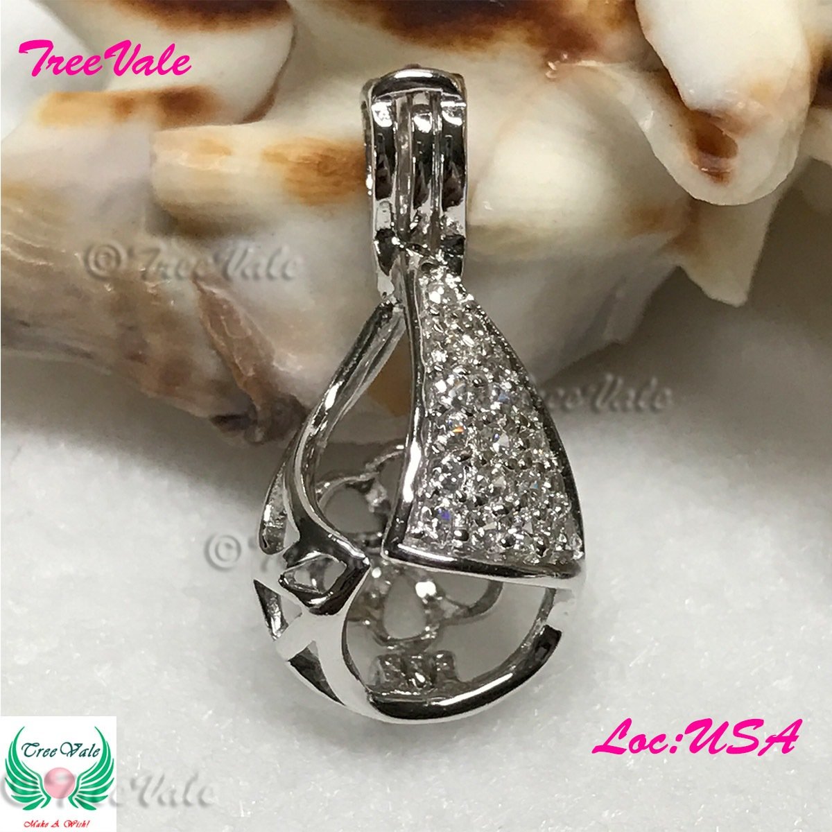 Crystals Teardrop - Solid 925 Sterling Silver - Locket Pearl Cage Pendant - Hold 6mm-8mm Pearl
