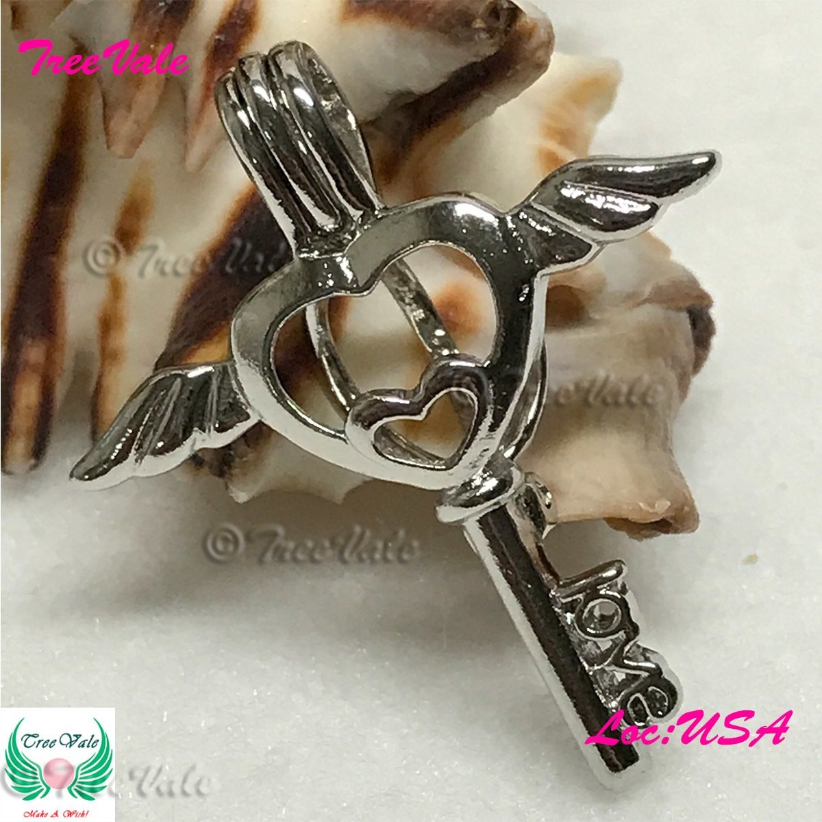 Wings Hearts Key - Silver Plated - Locket Pearl Cage Pendant - Hold 6mm - 8mm Pearl