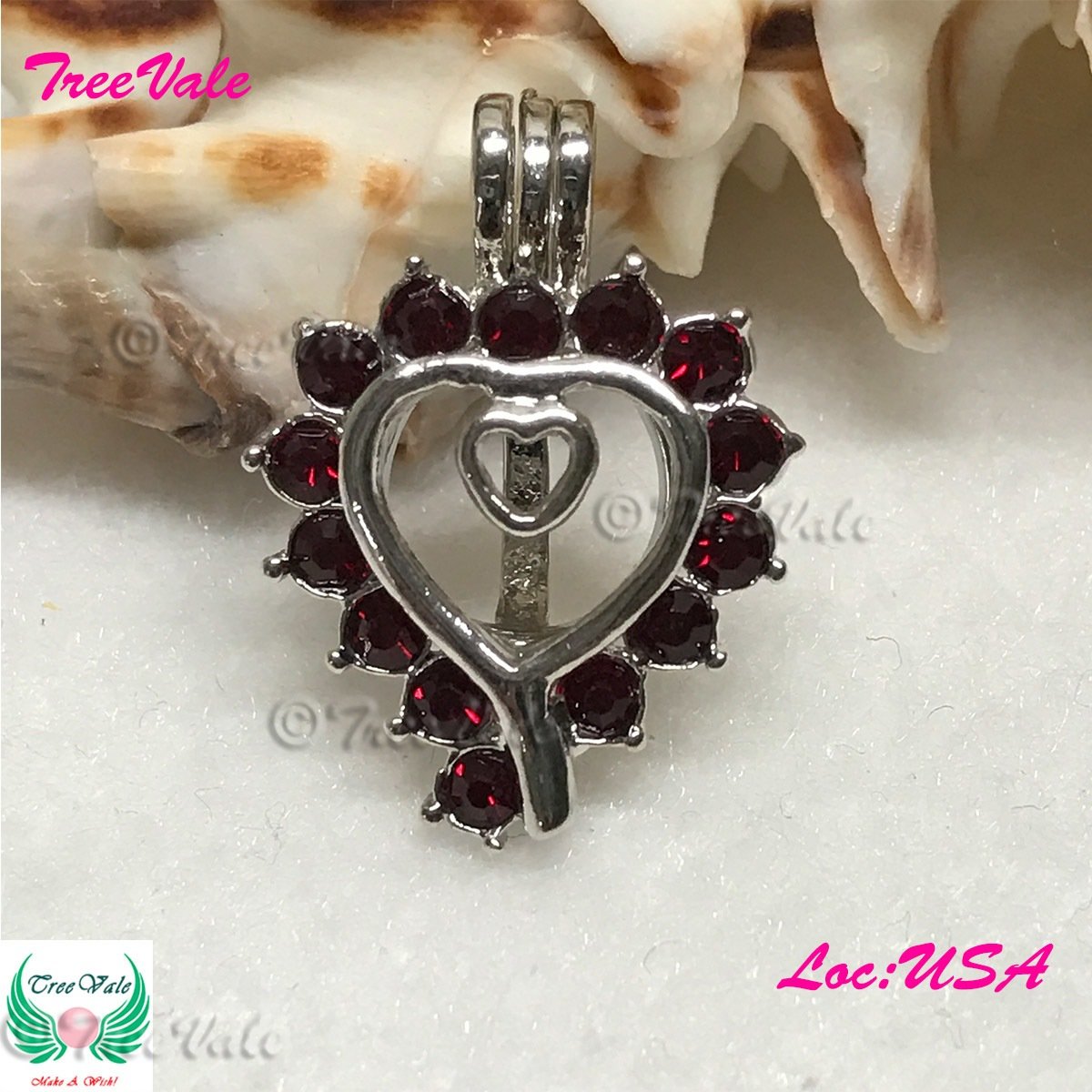 Red Crystal Encircled Hearts - Silver Plated - Locket Pearl Cage Pendant - Hold 6mm - 8mm Pearl