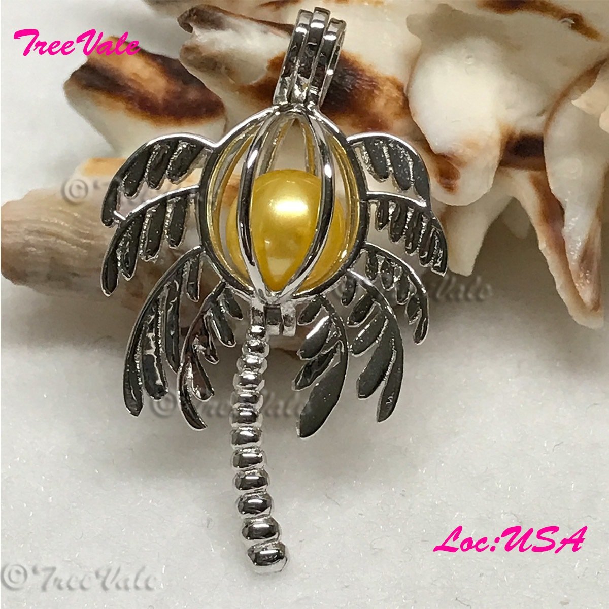 Palm Tree - Solid 925 Sterling Silver - Locket Pearl Cage Pendant - Hold 6mm-8mm Pearl