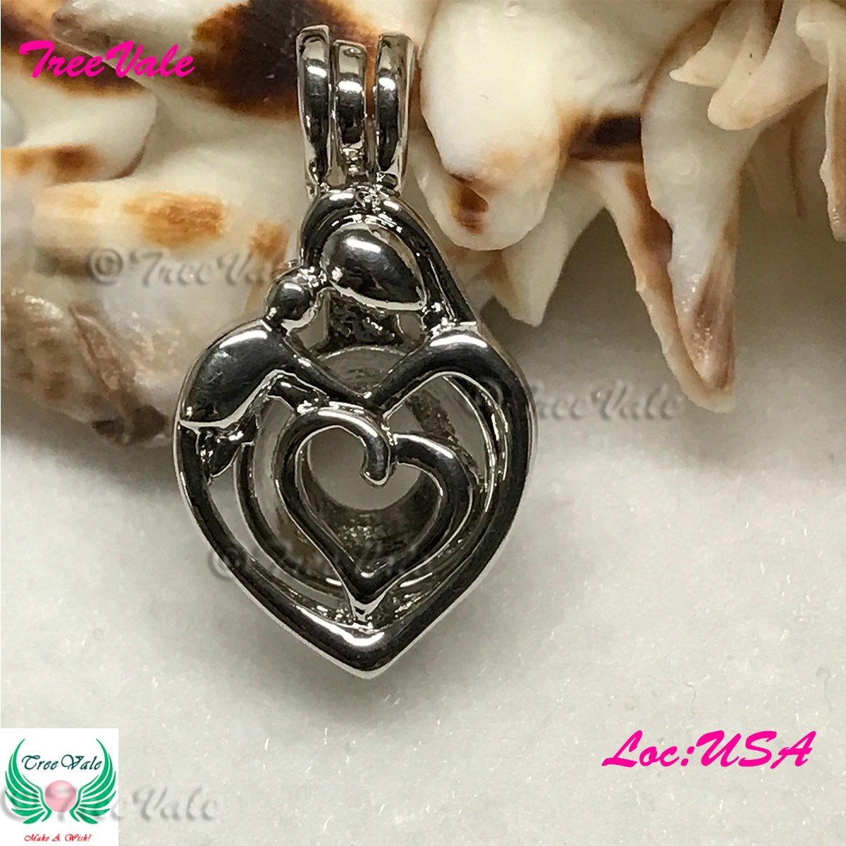 Mother and Child - Silver Plated - Locket Pearl Cage Pendant - Hold 6mm - 8mm Pearl