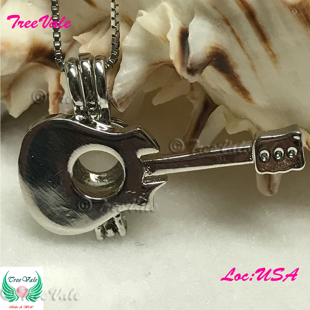 Classic Guitar - Silver Plated - Locket Pearl Cage Pendant - Hold 6mm - 8mm Pearl